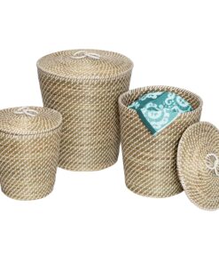 Natural and White Decorative Seagrass Tall Round Nesting Baskets (Set of 3)
