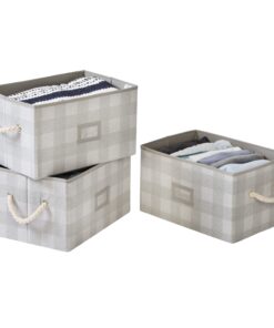 Plaid Folding Large Fabric Storage Bins with Handles (Set of 3) - Gray