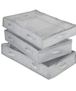3-Pack Under-Bed Fabric Storage Container Bags with Window and Handles, Gray