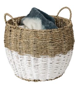 Natural Decorative & White Seagrass Medium Round Storage Basket with Handles