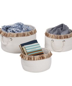 White and Natural Cotton Rope Nesting Baskets with Fringe (Set of 3)