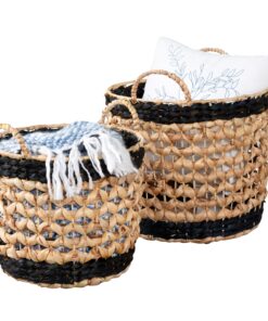 Natural and Black Decorative Round Decorative Wicker Baskets with Handles (Set of 2)