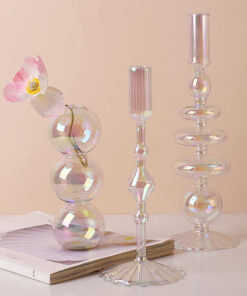 Clear Rainbow Iridescent Blown Glass Candle Holder